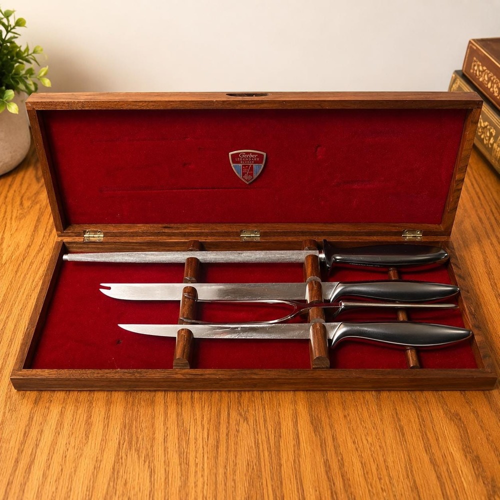 VTG Gerber Legendary Blades Carving Set Walnut Case Ron Knife Gunnir Steel USA
